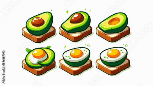 Cute Avocado Toast and Fried Egg Breakfast Illustration Set