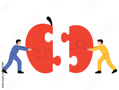 Business team pushing two apple puzzle elements together symbolizing teamwork working together cooperation partnership shown in vector illustration concept