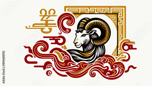 Majestic Chinese Zodiac Ram Illustration with Golden Ornaments and Traditional Swirls