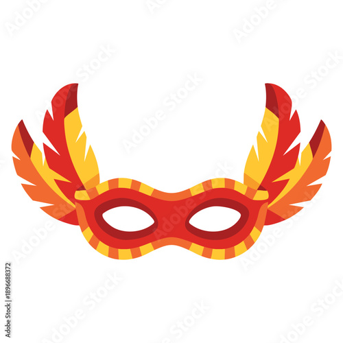 Carnival eye accessory featuring burgundy and yellow masquerade mask with decorative side feathers isolated on white background for party costume festival and elegant celebration designs
