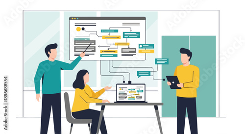 Team Discussing Project on Whiteboard.