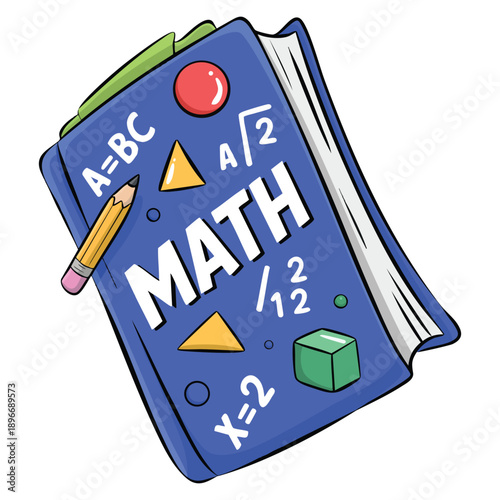 Closed school textbook doodle illustration featuring math algebra geometry kids academic book literature encyclopedia back to school supply for study reading learning