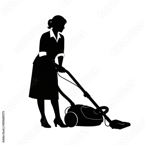 Woman pushing vacuum cleaner indoors isolated on transparent background.