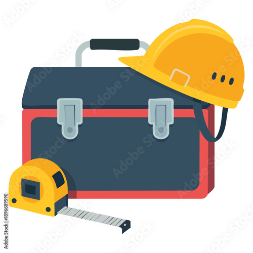 Closed toolbox with tools inside workers toolkit with working helmet and tape measure in flat style vector illustration for construction repair safety and labor themed designs