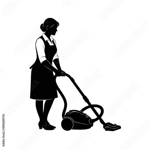 Woman using old fashioned vacuum cleaner isolated on transparent background.