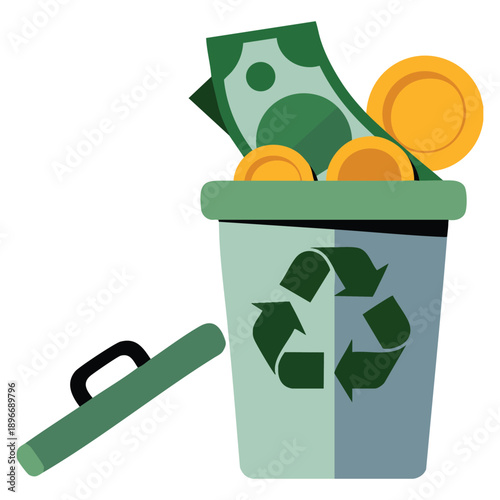 Collapse of the dollar concept shown as trash can with discarded money in flat vector illustration suitable for finance economy and crisis awareness visuals