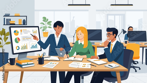 Business Professionals Discussing Data on Screen.