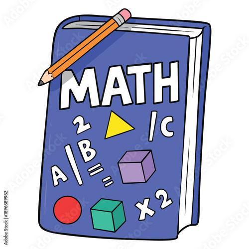 Colourful doodle closed school textbook on math algebra geometry kids academic book literature encyclopedia back to school supply study reading learning hand drawn outline illustration