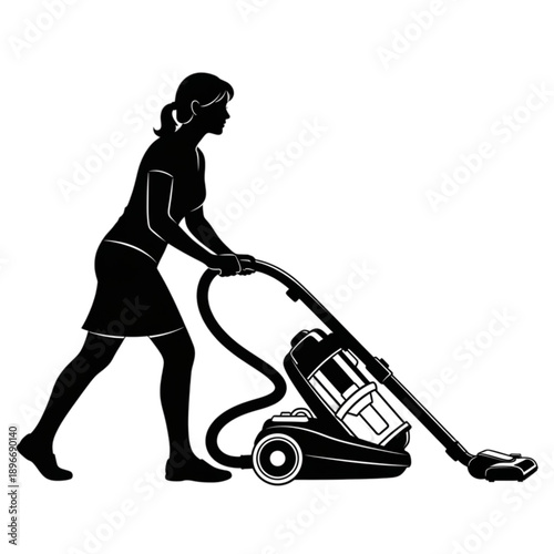 Woman pushing vacuum cleaner appliance isolated on transparent background.