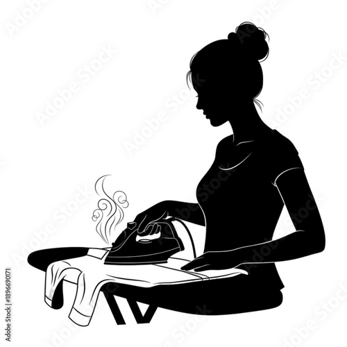 Woman ironing clothes at home isolated on transparent background.