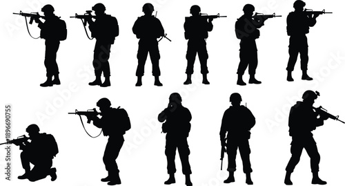 Soldier silhouettes set featuring armed military troops in combat stances and patrol poses isolated on white for defense security and tactical design