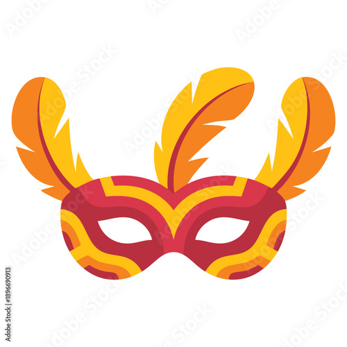 Decorative burgundy and yellow masquerade mask with feathers on both sides carnival eye accessory isolated on white ideal for costume events party designs and festive celebration artwork