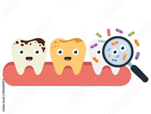 Dental hygiene concept vector illustration showing dirty smelly teeth cartoon character with magnifying glass examination on white background