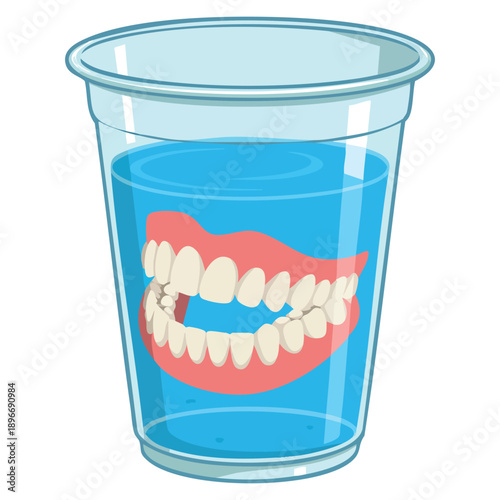 Dentures concept vector illustration showing false teeth in water glass on white background ideal for dental prosthetic healthcare awareness visuals