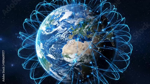 Global network connections and digital technology connecting the world via satellites and digital orbits