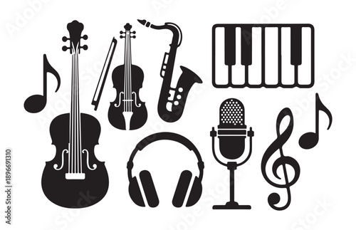 Collection of music related silhouettes featuring cello violin saxophone piano headphones and microphone art