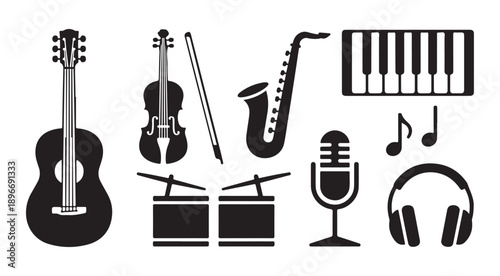 Music instruments silhouette pack with guitar violin saxophone drums keyboard microphone and headphones kit