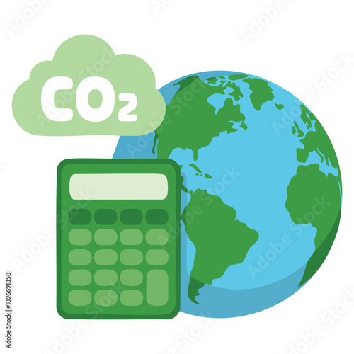Earth globe and calculator beside green cloud showing CO2 in flat illustration style symbolizing environmental calculations sustainability climate data and ecological responsibility concepts