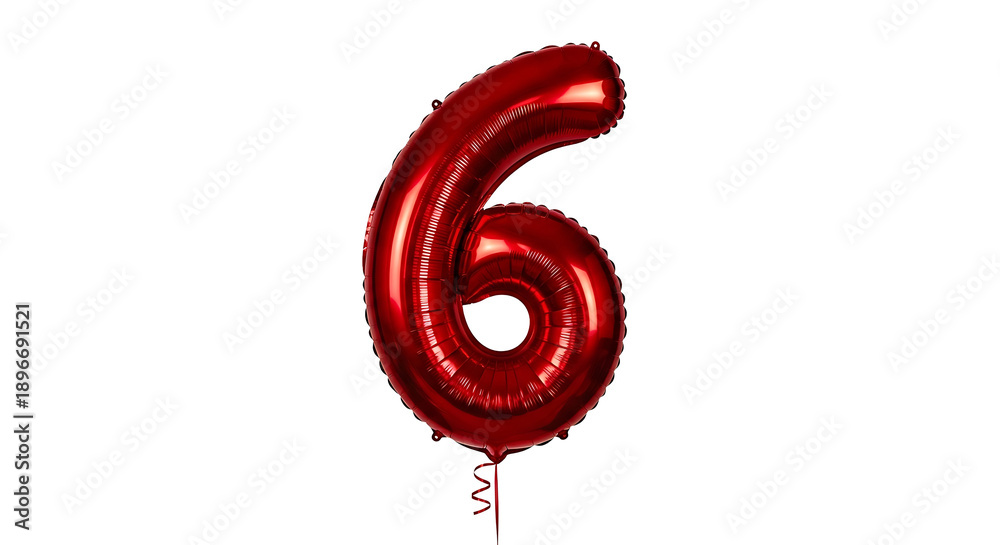 Fototapeta premium a red metallic foil number six balloon isolated on a pure white background great for birthday anniversary and celebration designs.