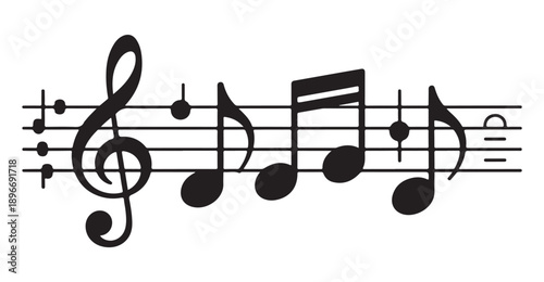 Abstract musical notation with treble clef and unique symbols on parallel staff lines for creative designs