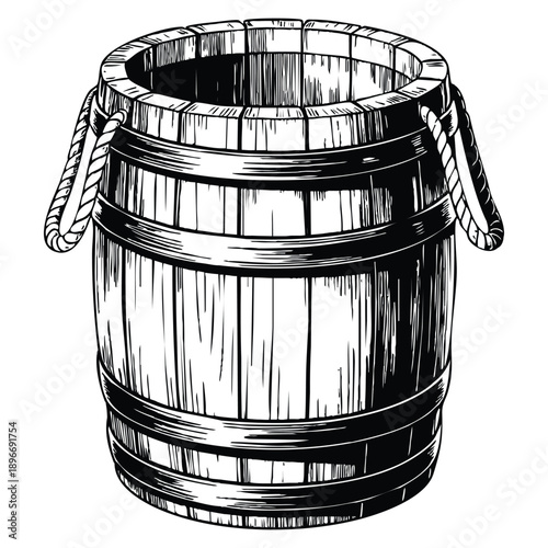 Engraving vector illustration of an old wood bucket in woodcut style ideal for rustic vintage decoration traditional craft and historical themed artwork