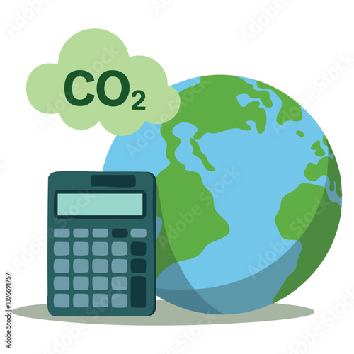 Environmental calculations concept flat illustration with earth globe calculator and green cloud showing CO2 ideal for sustainability climate analysis and ecological data visualization