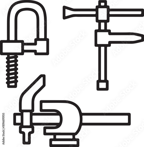 Line drawings of three different types of clamps and vices for gripping and holding objects