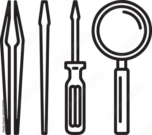 A set of tools including a screwdriver awls and a magnifying glass for inspection and repair