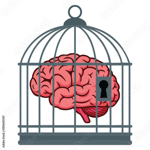 Fixed mindset concept with negative emotion refusal to learn anything new fearful mental lock suppression and aversion disorder illustrated as psychological limitation theme