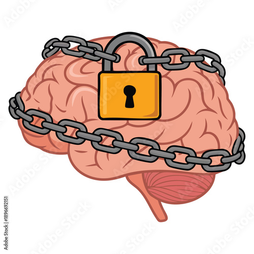 Fixed mindset illustration representing negative emotion fear refusal to learn mental lock suppression and aversion disorder for psychology themed designs