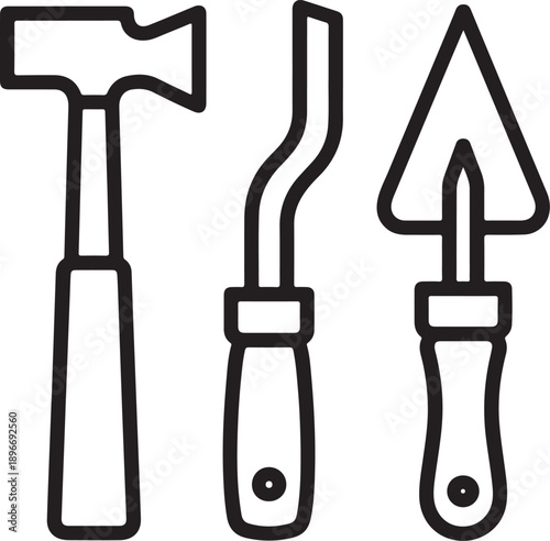 Simple line drawing of a hammer a grout float and a pointing trowel