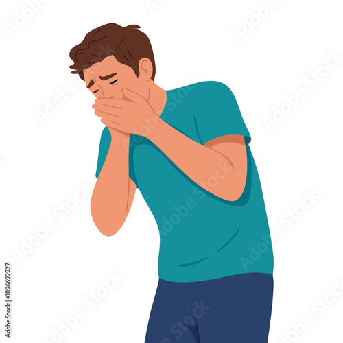 Flat design illustration of man suffering from vomit closing mouth showing nausea vomiting symptom ideal for medical awareness digestive illness and healthcare visuals