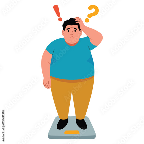 Flat design illustration of overweight man on body scale with weight gain anxiety on white background ideal for health lifestyle obesity awareness visuals