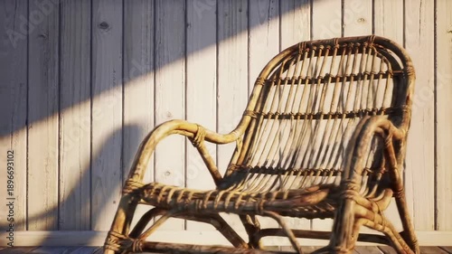 Rattan chair sits in sunlit room against white plank wall casting a soft shadow