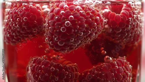 Raspberries in sparkling beverage, bubbling, close up shot with vivid reds and translucent bubbles surrounding fruit