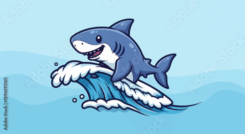 A cartoon shark joyfully leaps over a blue ocean wave, in a cartoon style