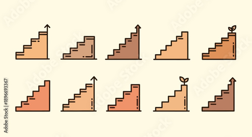 Illustration of 10 sets of ascending stairs with arrows or a sprout at top