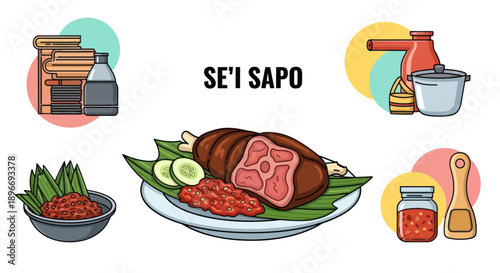 Vector illustration featuring food, kitchenware and text