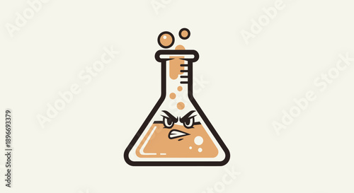 An angry cartoon flask with bubbling orange liquid and a frowning face
