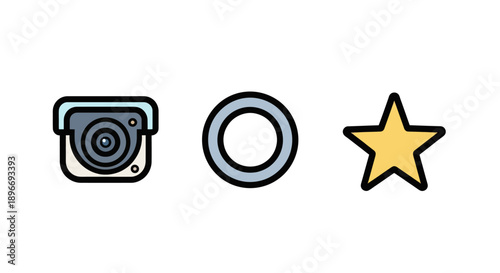 A camera, a ring, and a star appear in a row against a white background