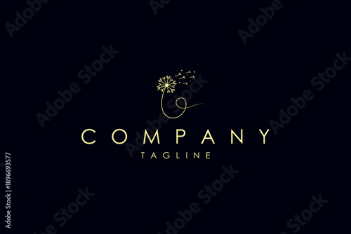Dandelion flower logo with gold luxury line art design style