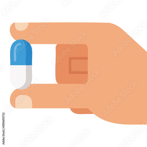 Flat style illustration of human hand holding blue and white pill capsule ideal for pharmacy medicine healthcare treatment and medical concept visuals