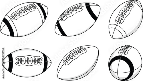 American football ball icons set in flat outline style, rugby and gridiron sports equipment illustrations isolated on white