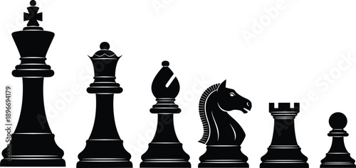 Black chess pieces silhouettes including king queen bishop knight rook and pawn isolated on white background representing strategy leadership competition and classic board game concepts