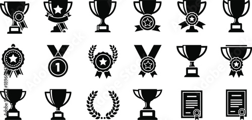 Black trophy and award icon set with cups medals laurel wreaths certificates for achievement success competition vector illustration business sports education design branding