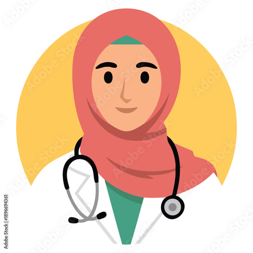Flat vector illustration of Muslim female doctor wearing pink hijab and purple clothes suitable for healthcare education medical staff and inclusive design visuals