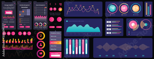 Dark Mode Mobile App UI Kit and Modern Infographic Dashboard Elements