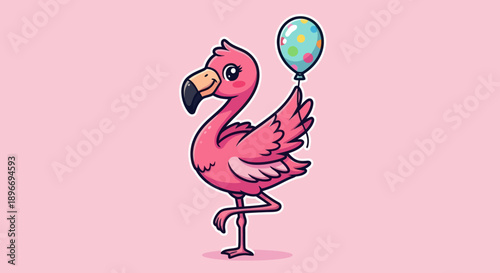A cartoon flamingo in pink with a balloon against a pink background
