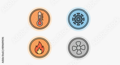 Four circular icons thermometer, snowflake, flame, and fan illustrate climate control