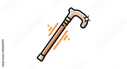 A stylized walking cane with a curved handle and decorative elements, simple lines